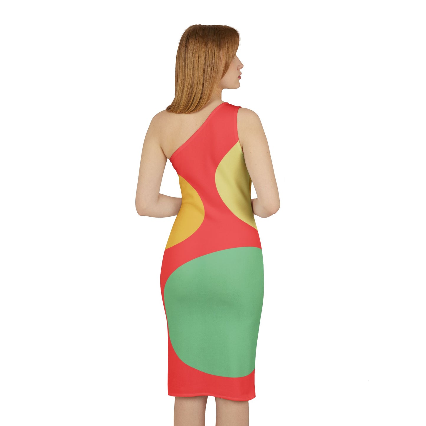 Shoulder Dress - Geometric Red Green Yellow Abstract Design