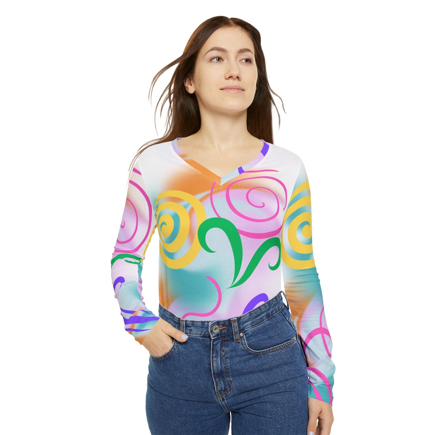 Women's Long Sleeve Shirt - Playful Swirl Patterns V-Neck Design