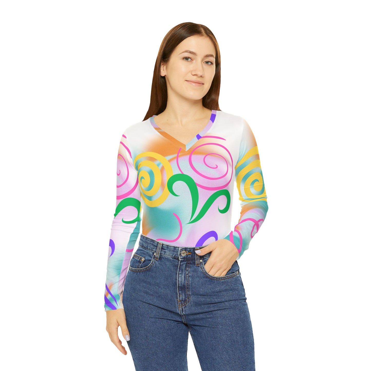Women's Long Sleeve Shirt - Playful Swirl Patterns V-Neck Design