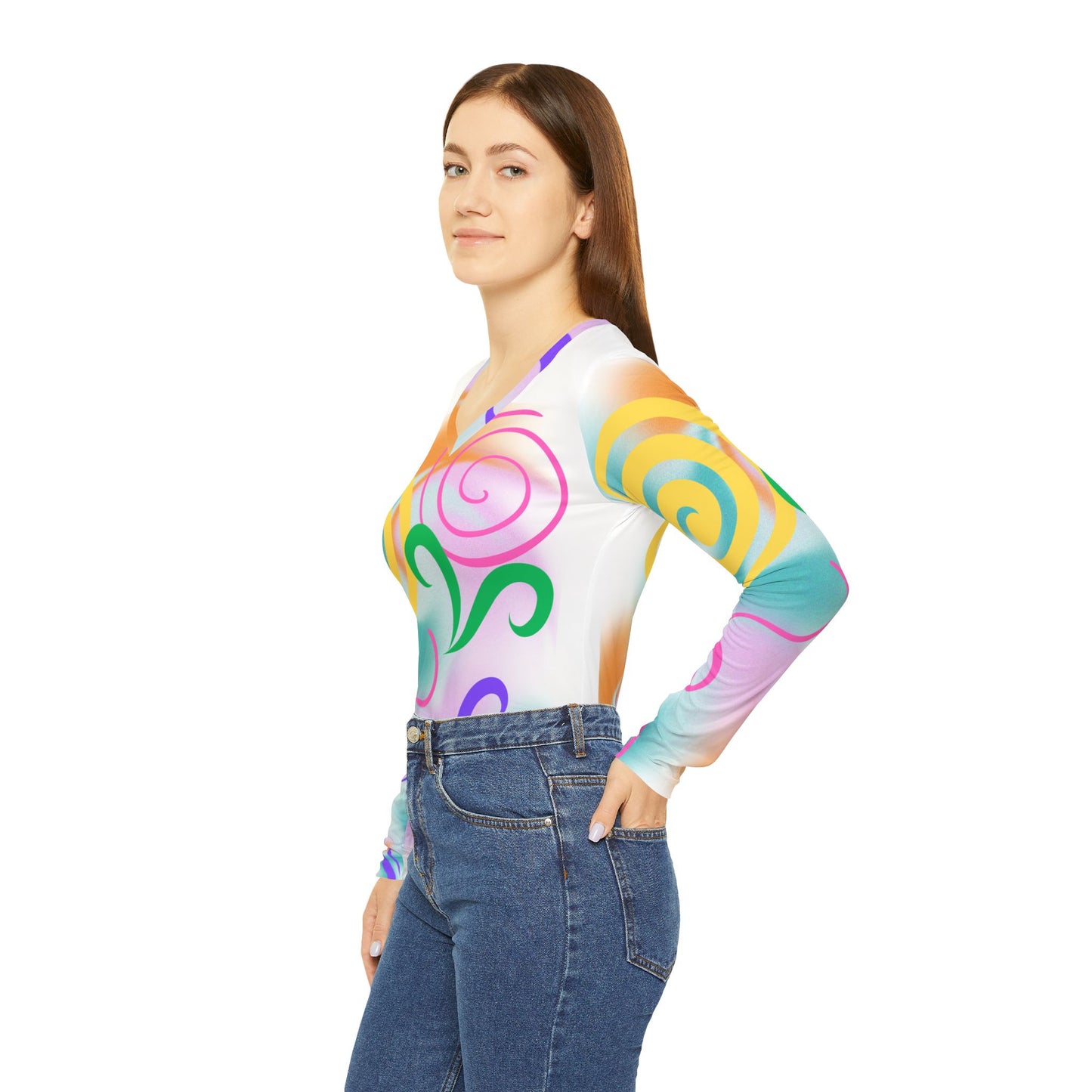 Women's Long Sleeve Shirt - Playful Swirl Patterns V-Neck Design