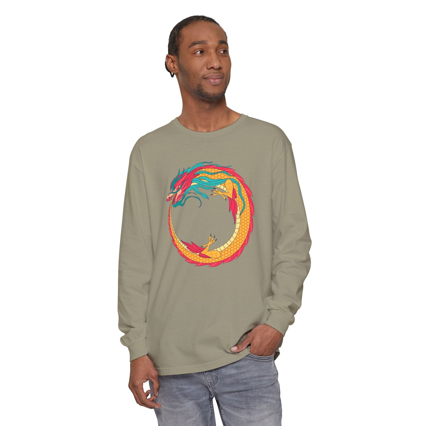 CUSTOM ORDER! Vibrant Dragon Long Sleeve Tee, Unisex Graphic Shirt, Casual Wear, Gifts for Men and Women, Music Festival Apparel, Boho Style Top