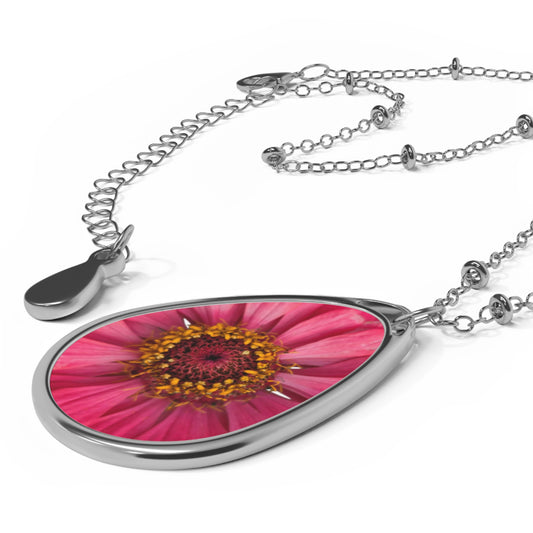 Oval Floral Pendant Necklace — Pink Daisy Teardrop Necklace