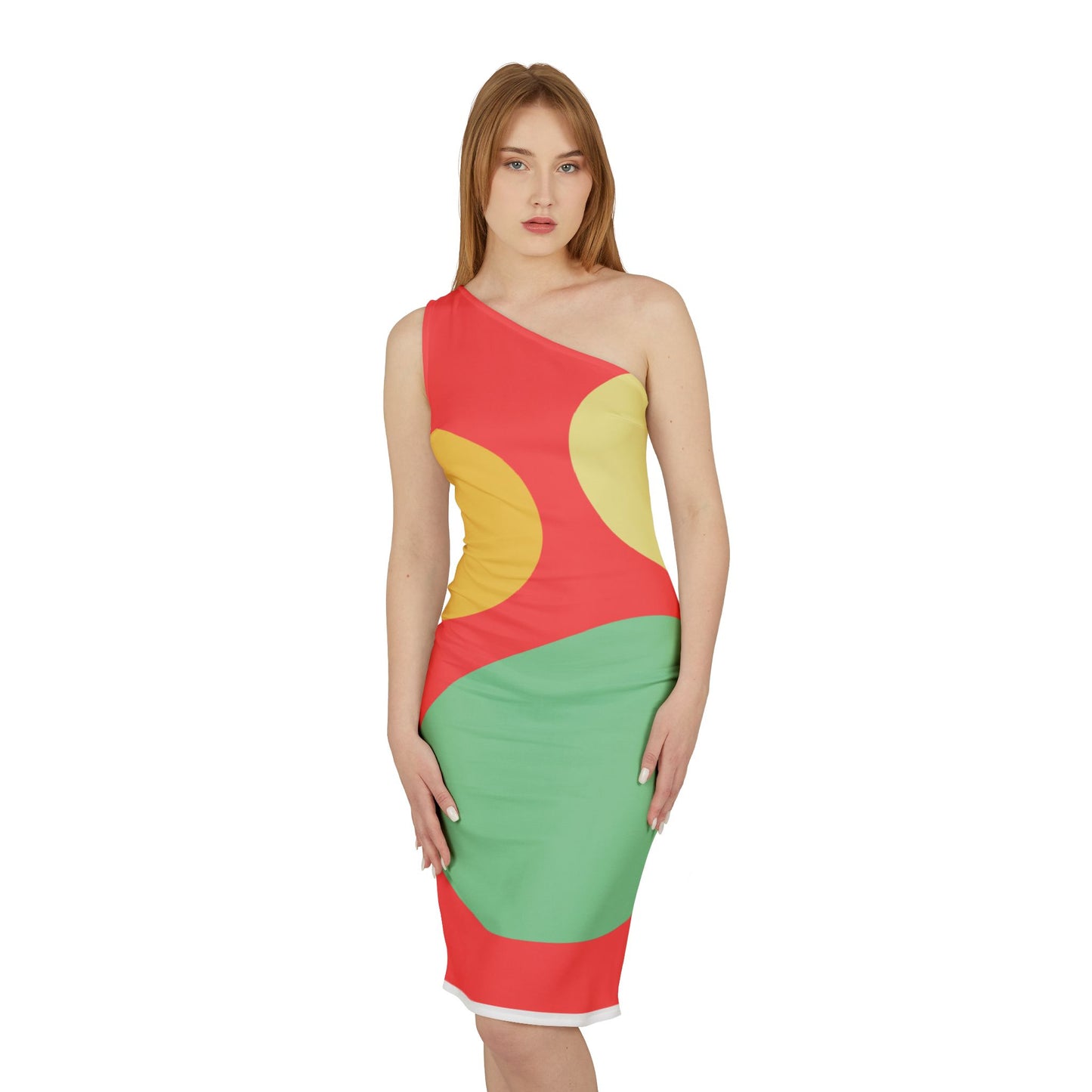 Shoulder Dress - Geometric Red Green Yellow Abstract Design