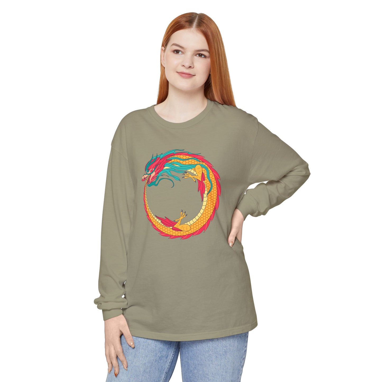 CUSTOM ORDER! Vibrant Dragon Long Sleeve Tee, Unisex Graphic Shirt, Casual Wear, Gifts for Men and Women, Music Festival Apparel, Boho Style Top