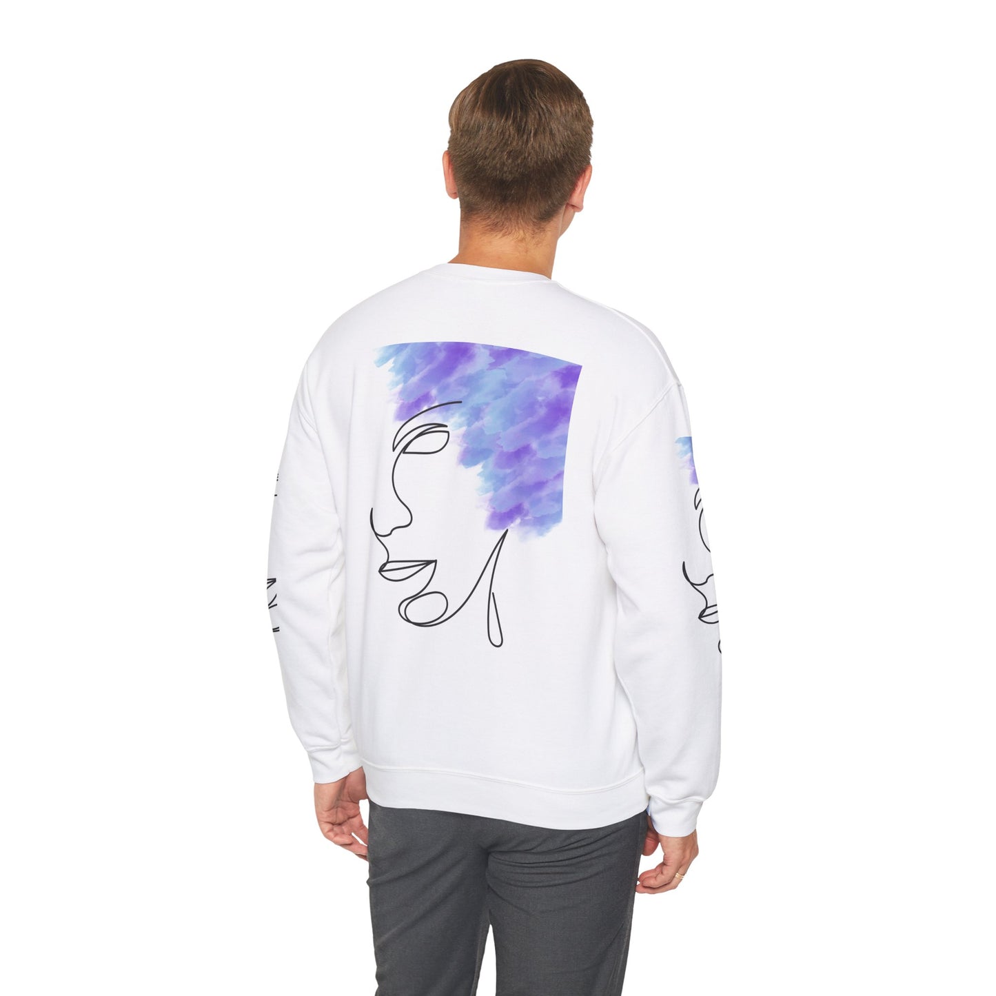 Crewneck Sweatshirt - Facial Line Art with Vibrant Purple Watercolor Splash Design