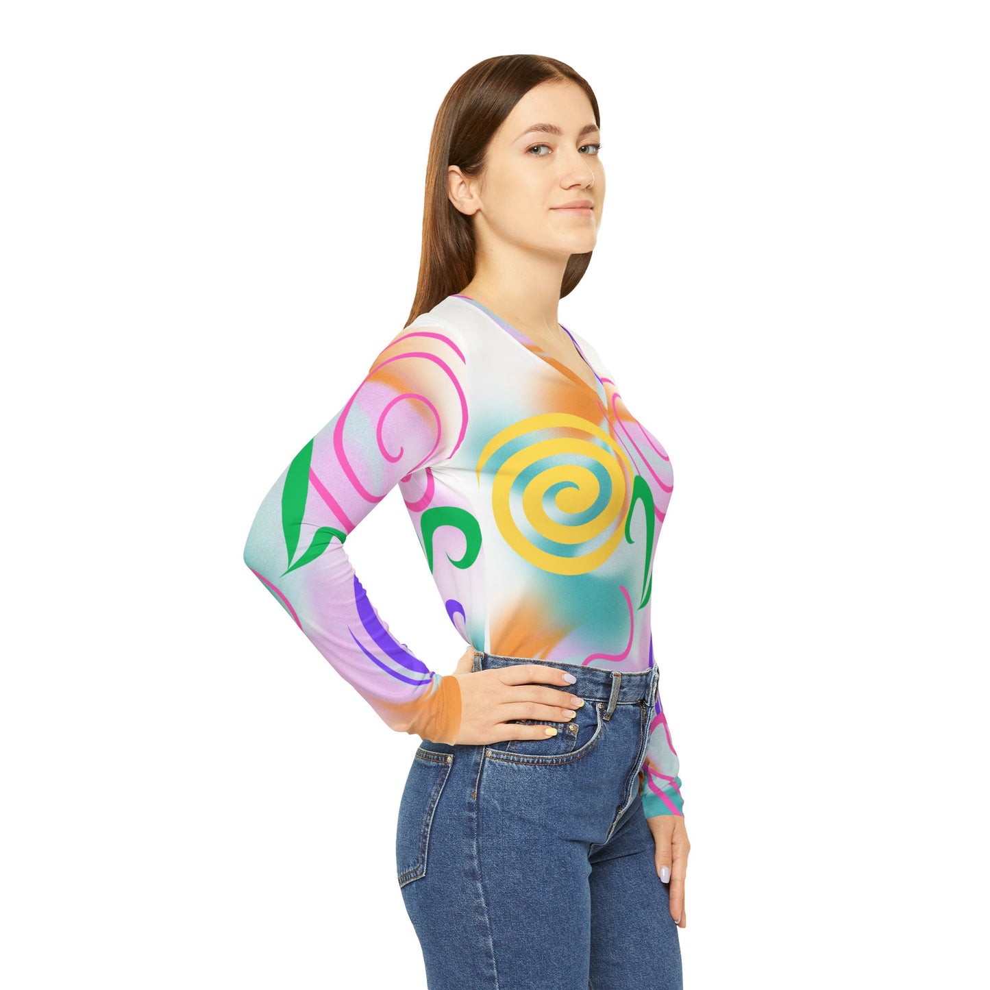 Women's Long Sleeve Shirt - Playful Swirl Patterns V-Neck Design