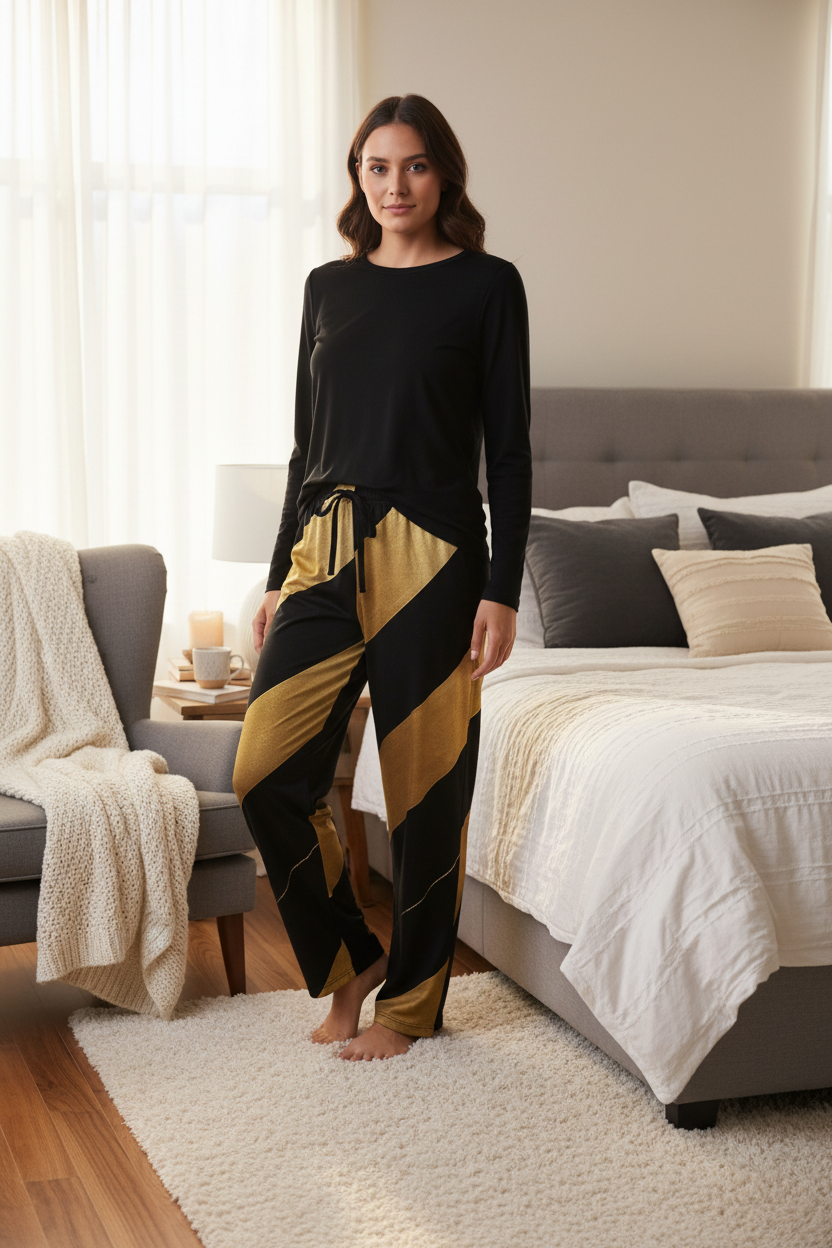 Black & Gold Striped Pajama Pants — Women's Cozy Sleepwear