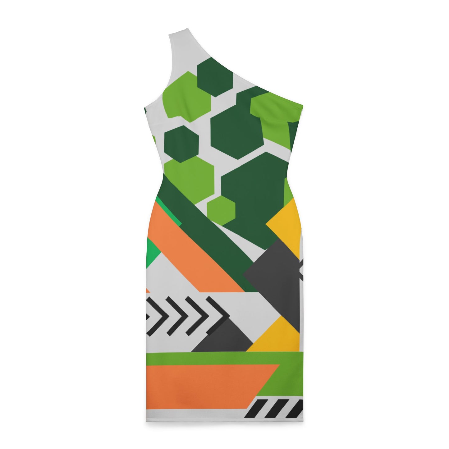 Shoulder Dress - Green and Orange Geometric Abstract Digital Design