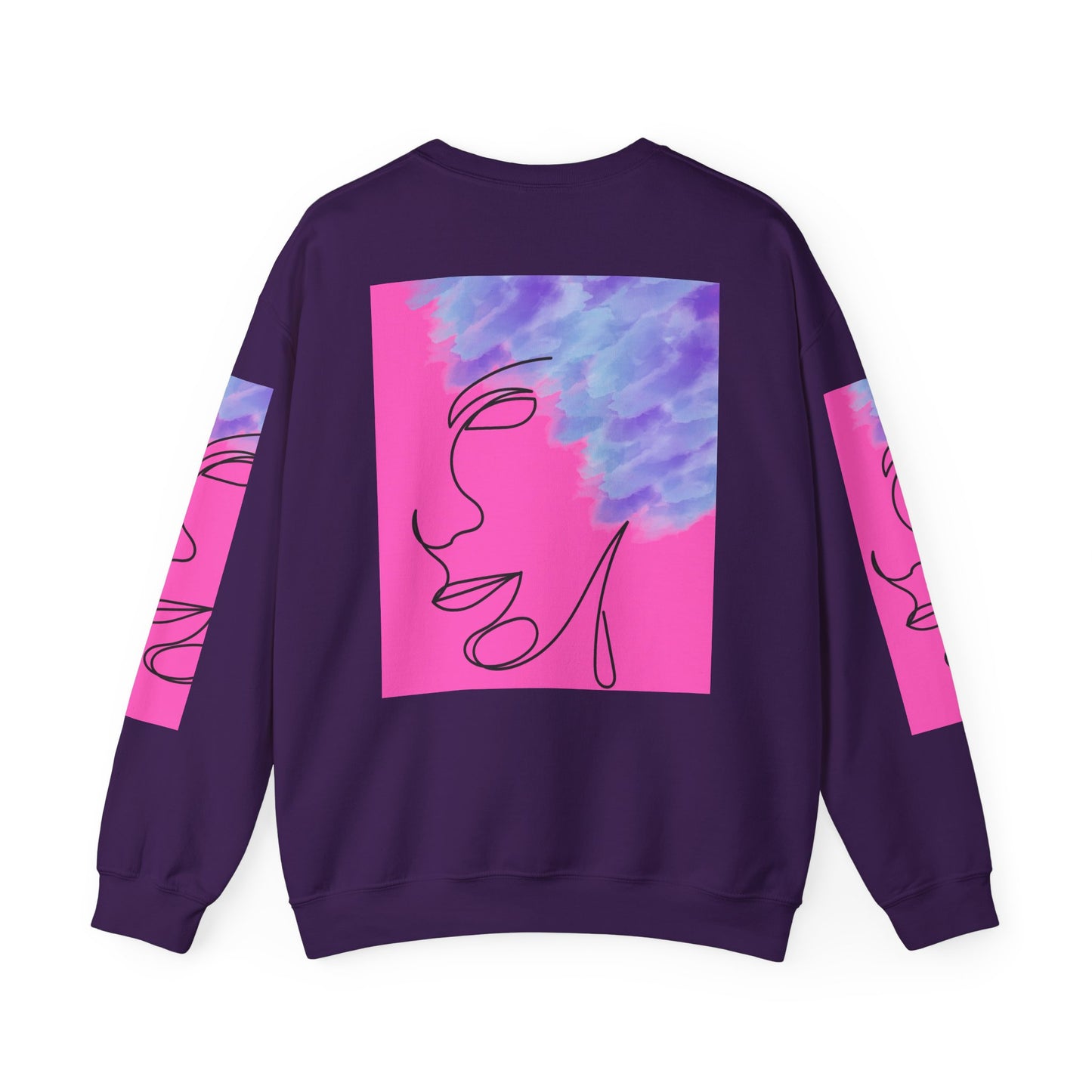 Crewneck Sweatshirt - Abstract Line Art Face Design. Watercolor Purple Splashes for Kinky Hair