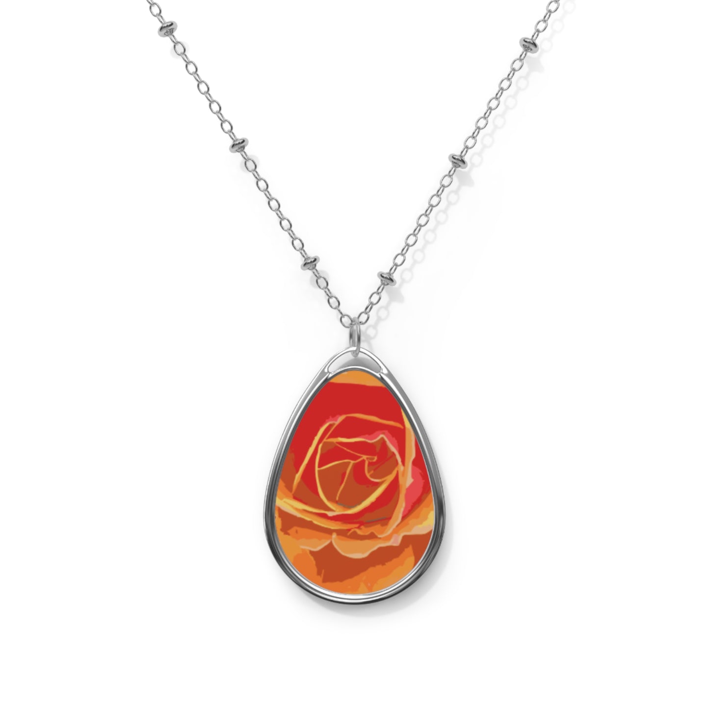 Oval Rose Pendant Necklace — Hand-Painted Orange Rose Teardrop Necklace