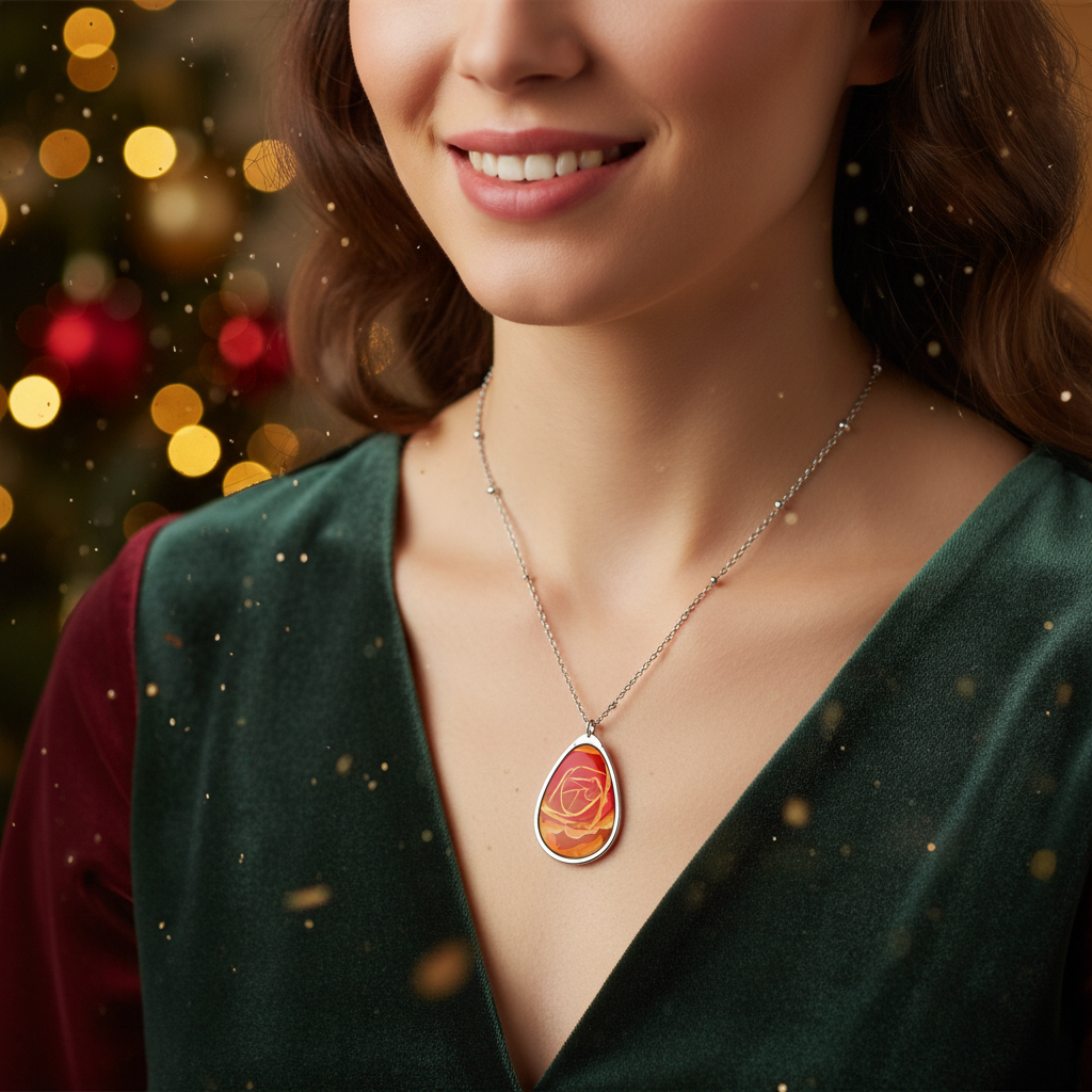 Oval Rose Pendant Necklace - Orange Rose Teardrop Necklace