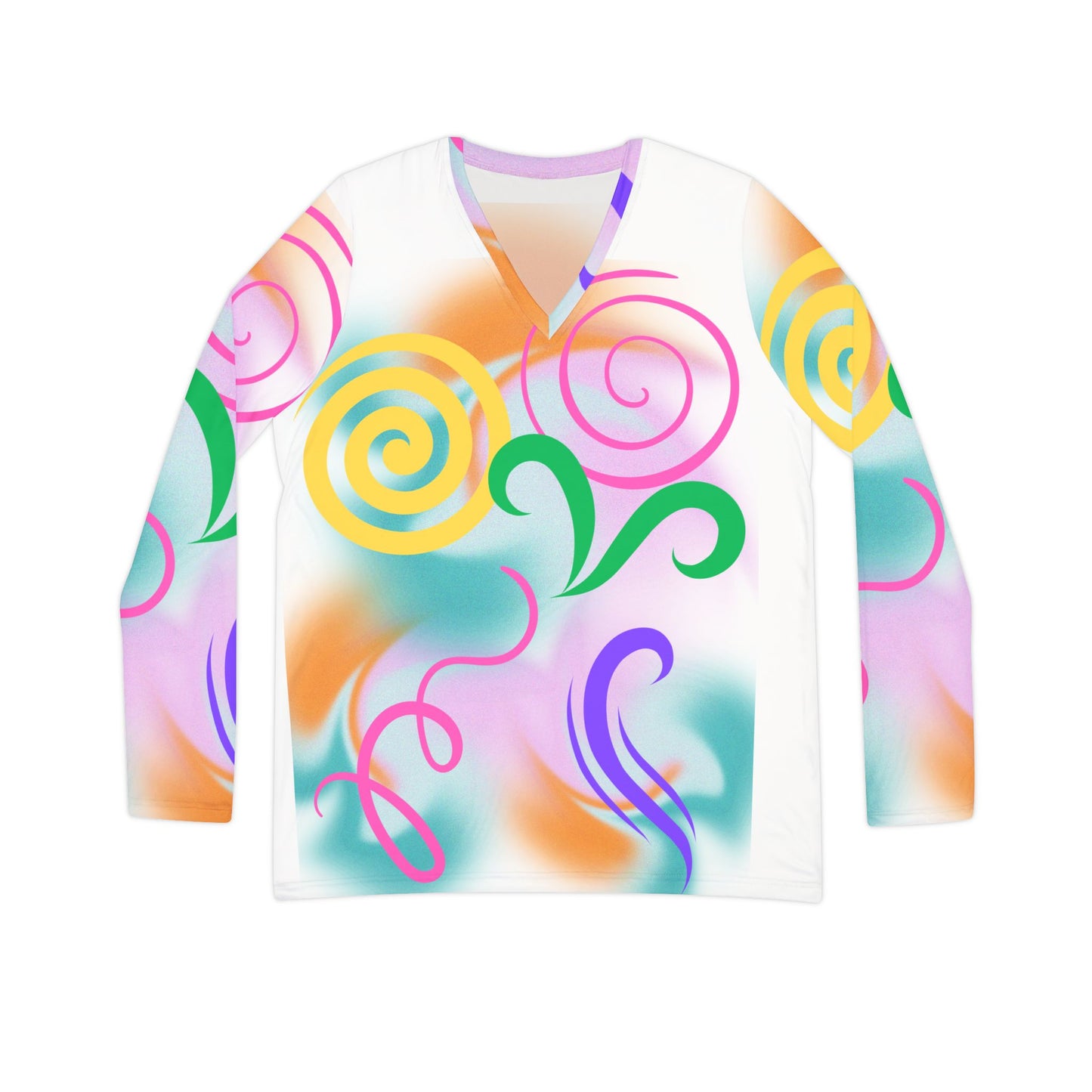 Women's Long Sleeve Shirt - Playful Swirl Patterns V-Neck Design