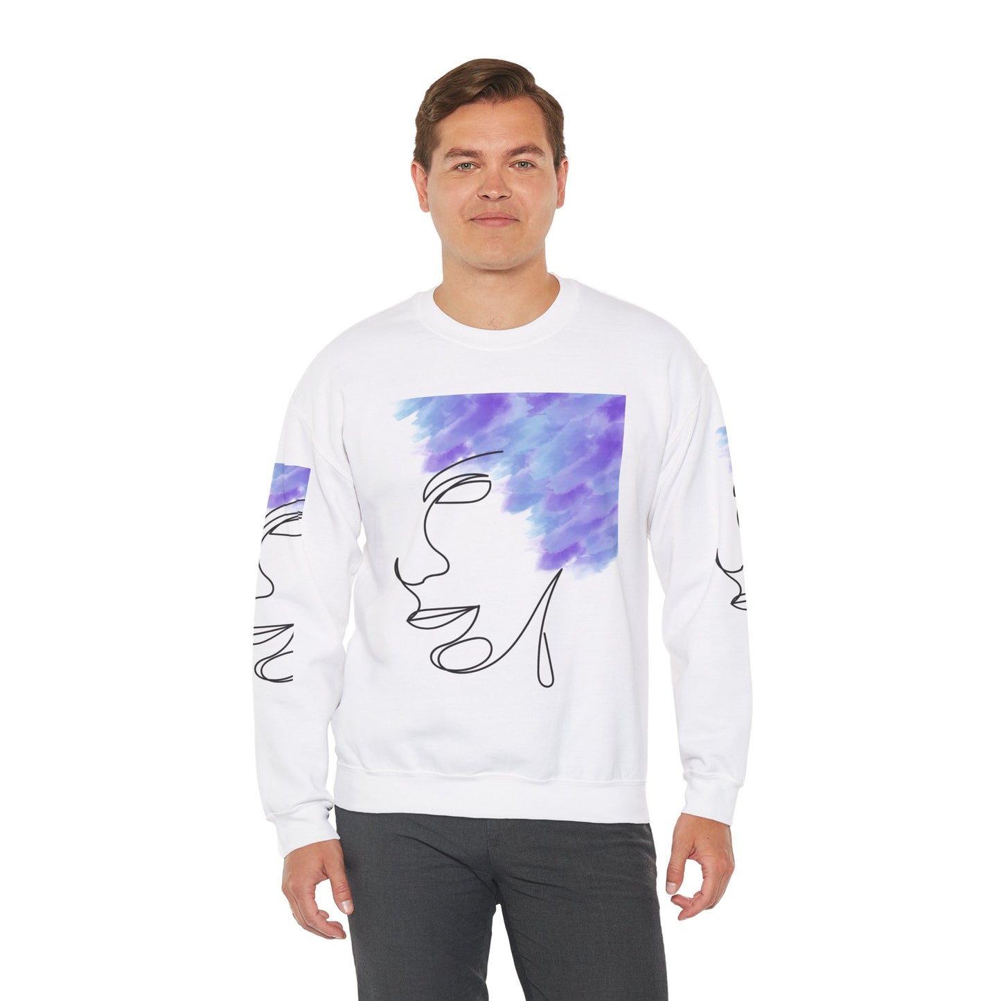 Crewneck Sweatshirt - Facial Line Art with Vibrant Purple Watercolor Splash Design