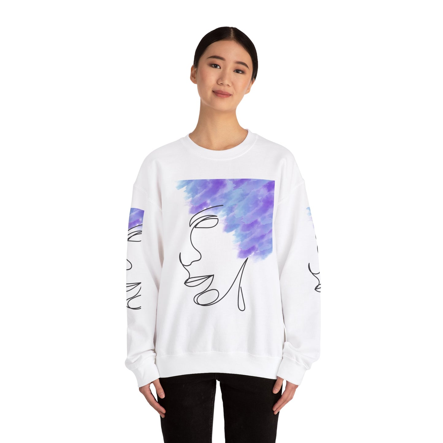 Crewneck Sweatshirt - Facial Line Art with Vibrant Purple Watercolor Splash Design