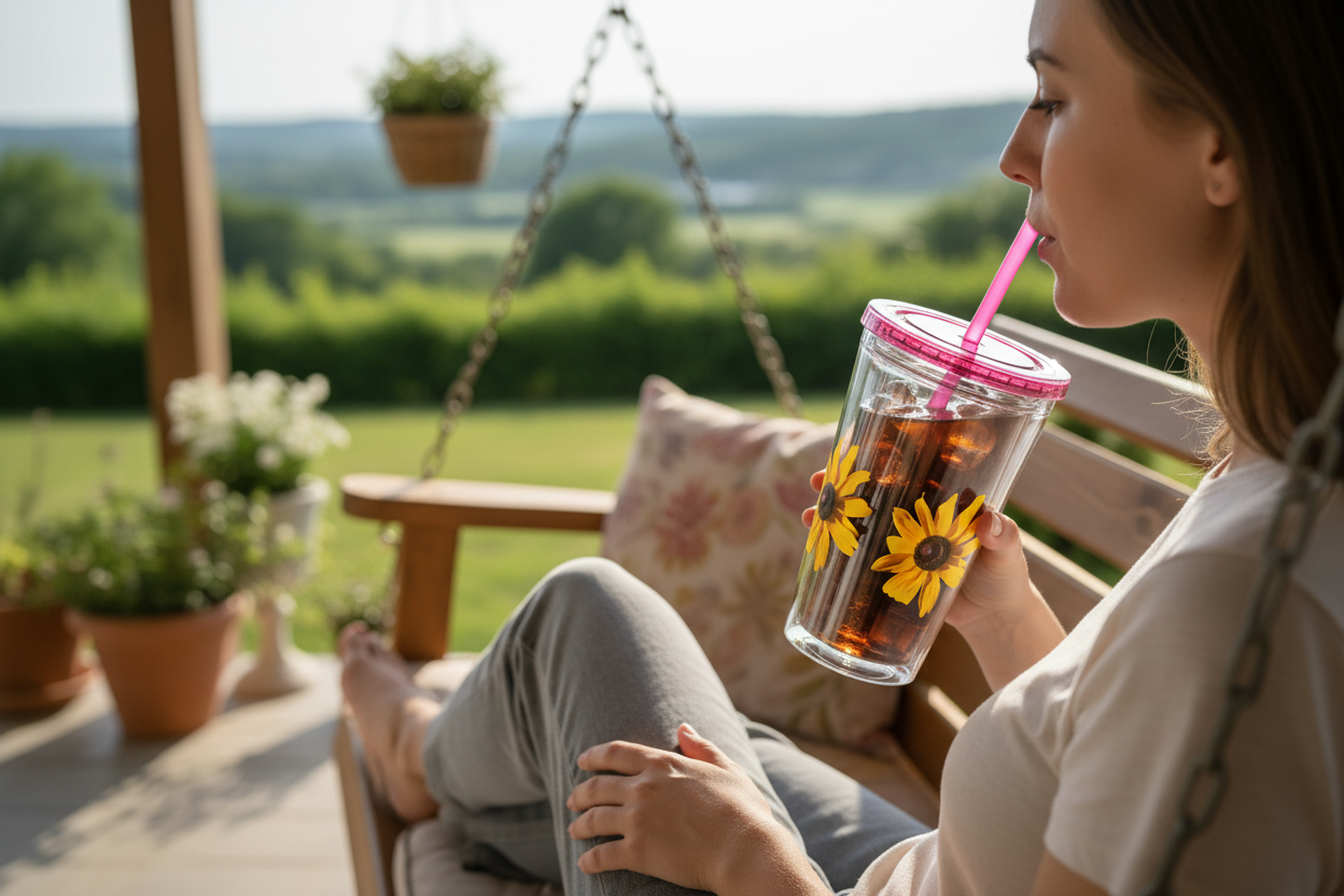 Daisy Photo 16oz Tumbler with Straw — Colorful Lid Floral Travel Cup