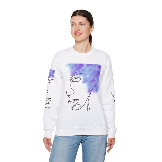 Crewneck Sweatshirt - Facial Line Art with Vibrant Purple Watercolor Splash Design