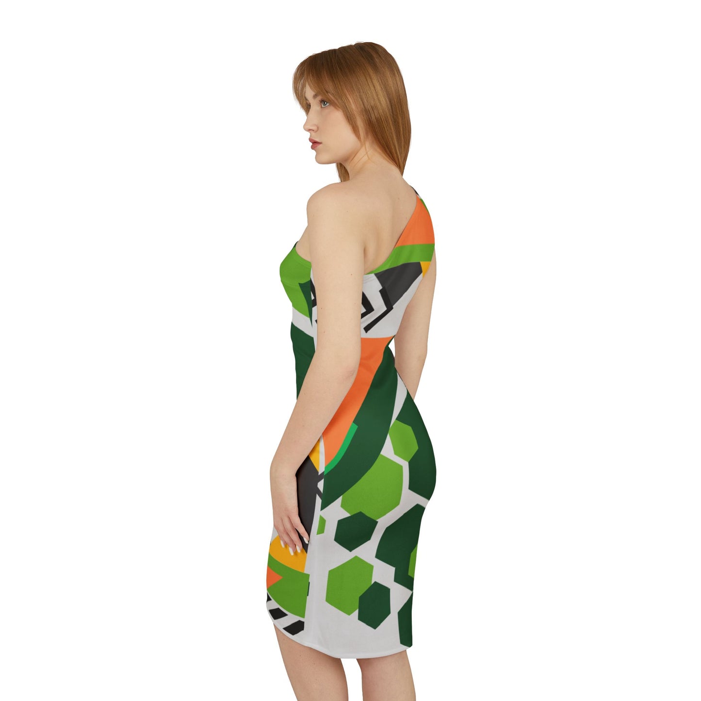 Shoulder Dress - Green and Orange Geometric Abstract Digital Design