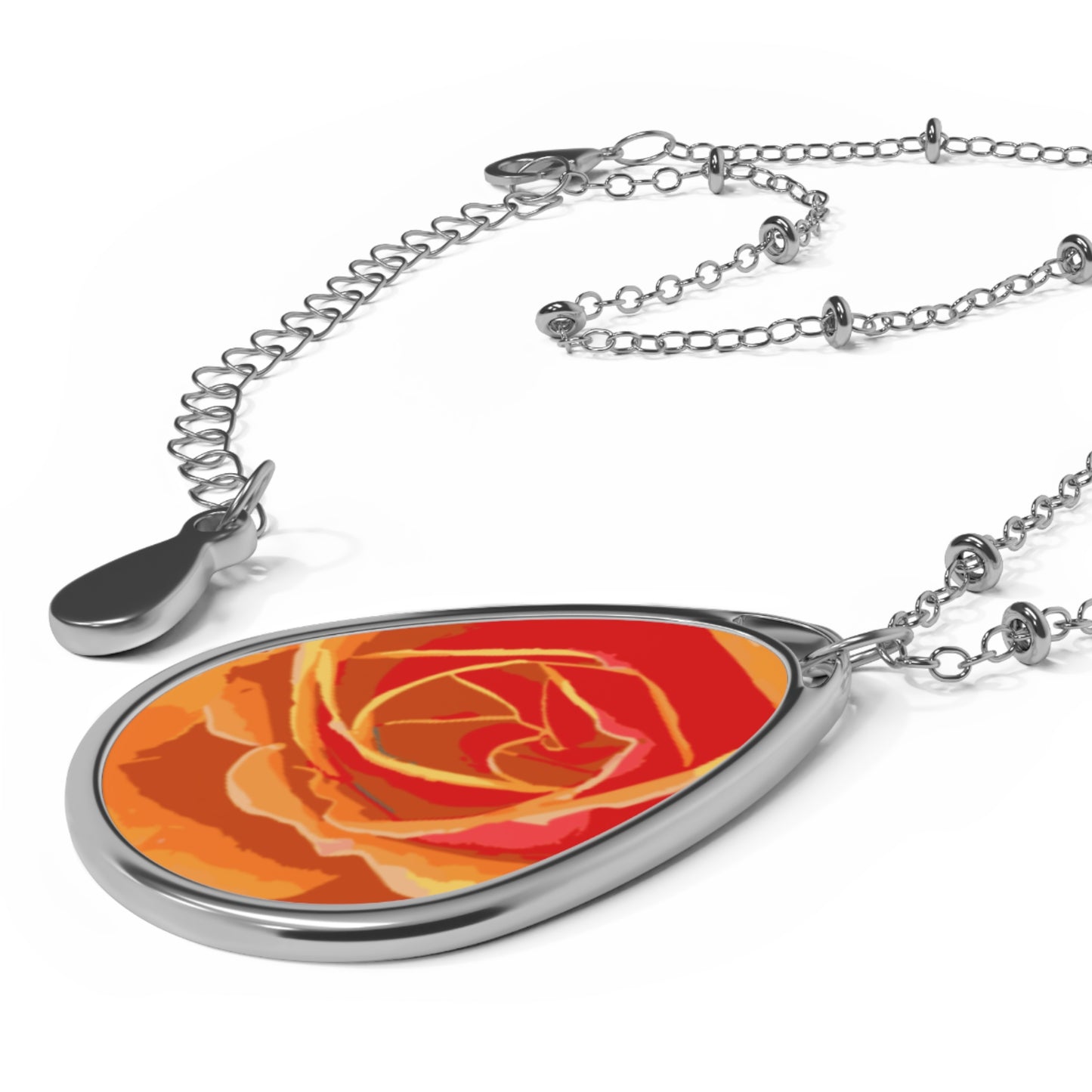 Oval Rose Pendant Necklace — Hand-Painted Orange Rose Teardrop Necklace