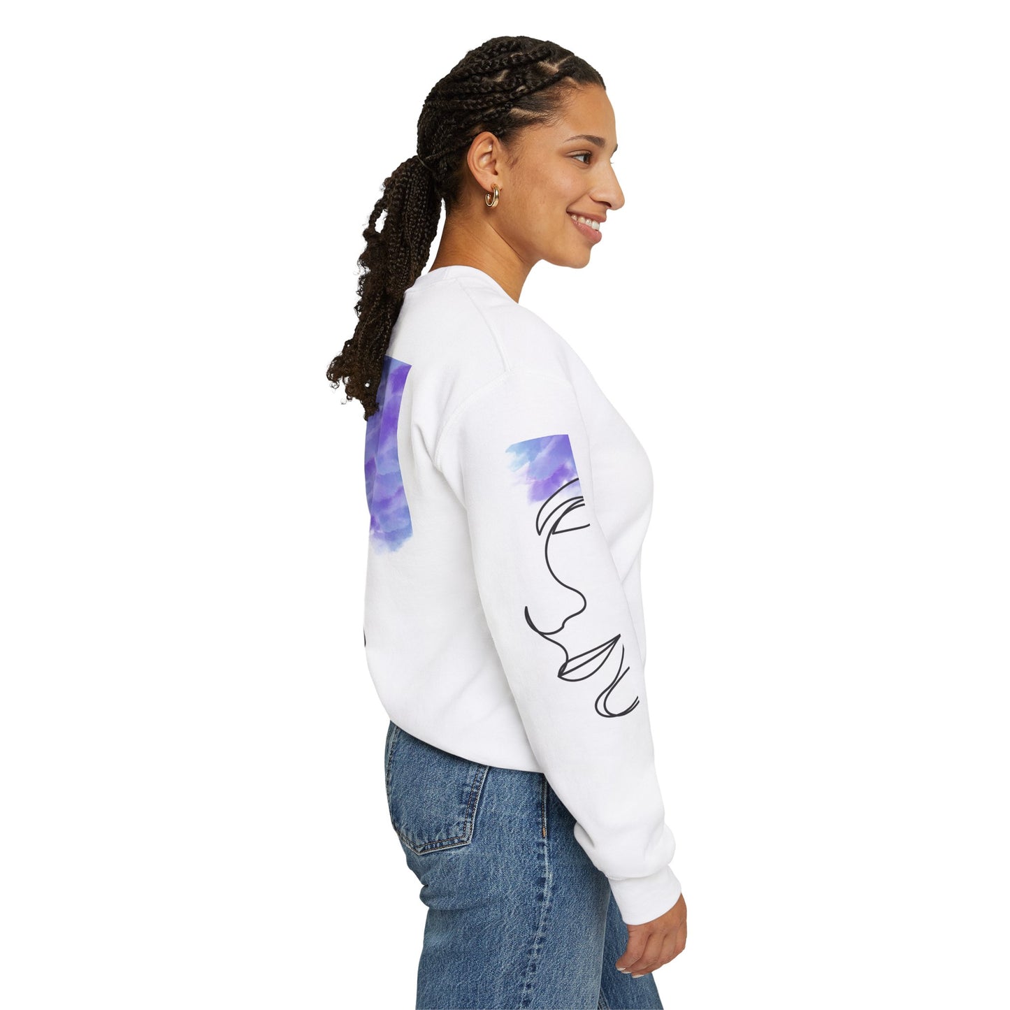 Crewneck Sweatshirt - Facial Line Art with Vibrant Purple Watercolor Splash Design