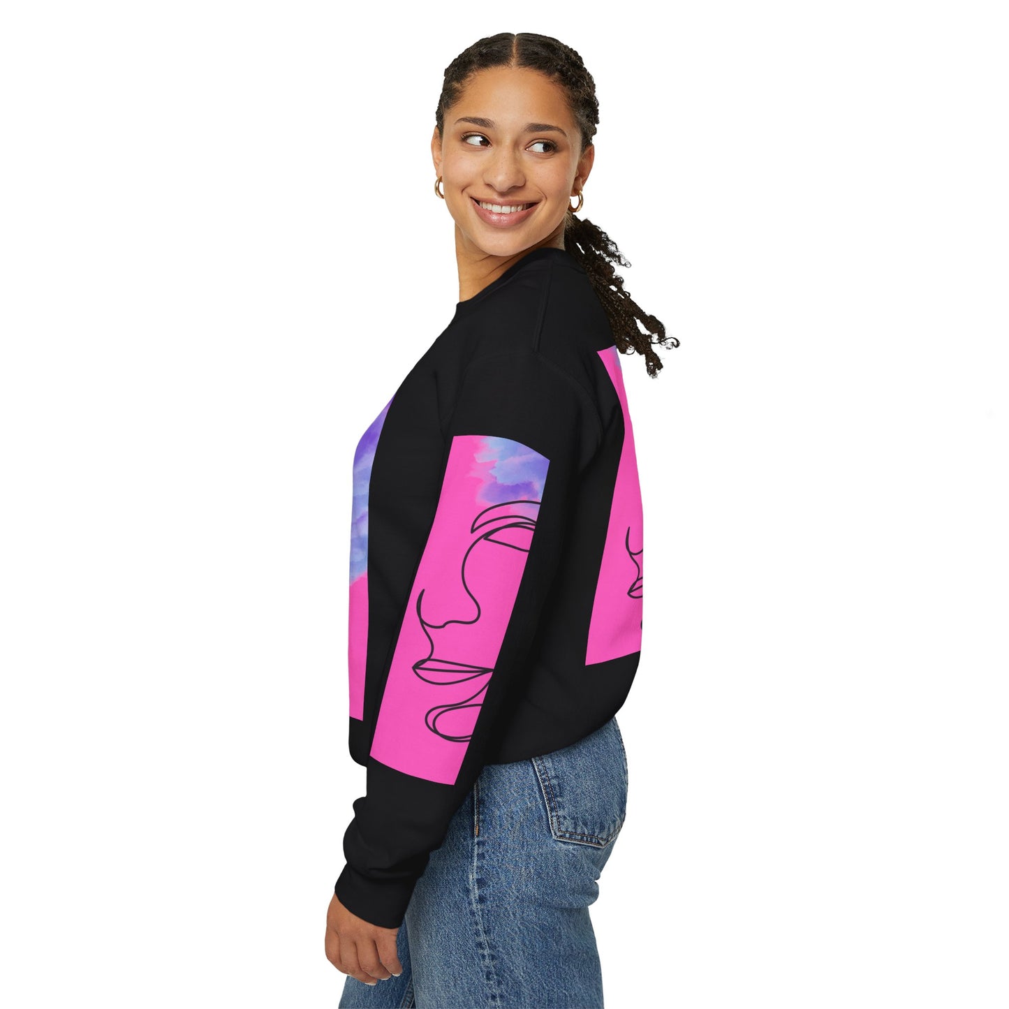 Crewneck Sweatshirt - Abstract Line Art Face Design. Watercolor Purple Splashes for Kinky Hair